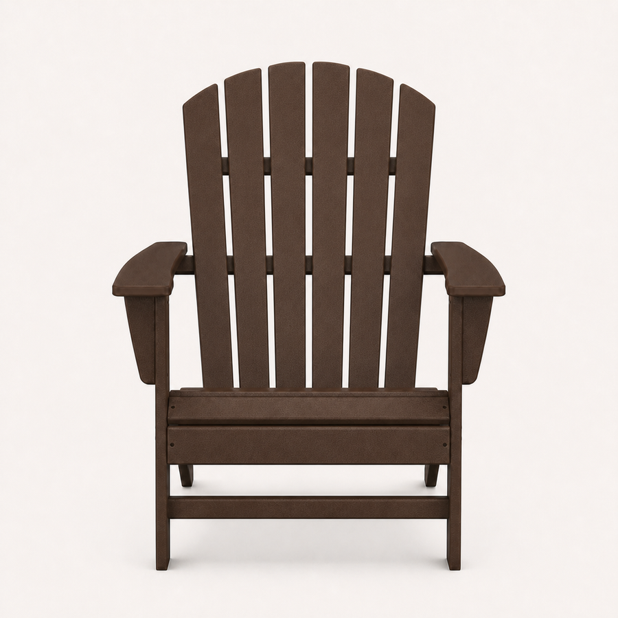 Front | one mahogany fan-back Adirondack chair square to camera on a warm-white studio sweep