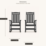 Dimensions | Two black rocking chairs with overall width, depth, and height callouts