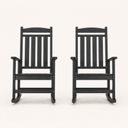 Studio front | Two black rocking chairs with arched five-slat backs and curved runners
