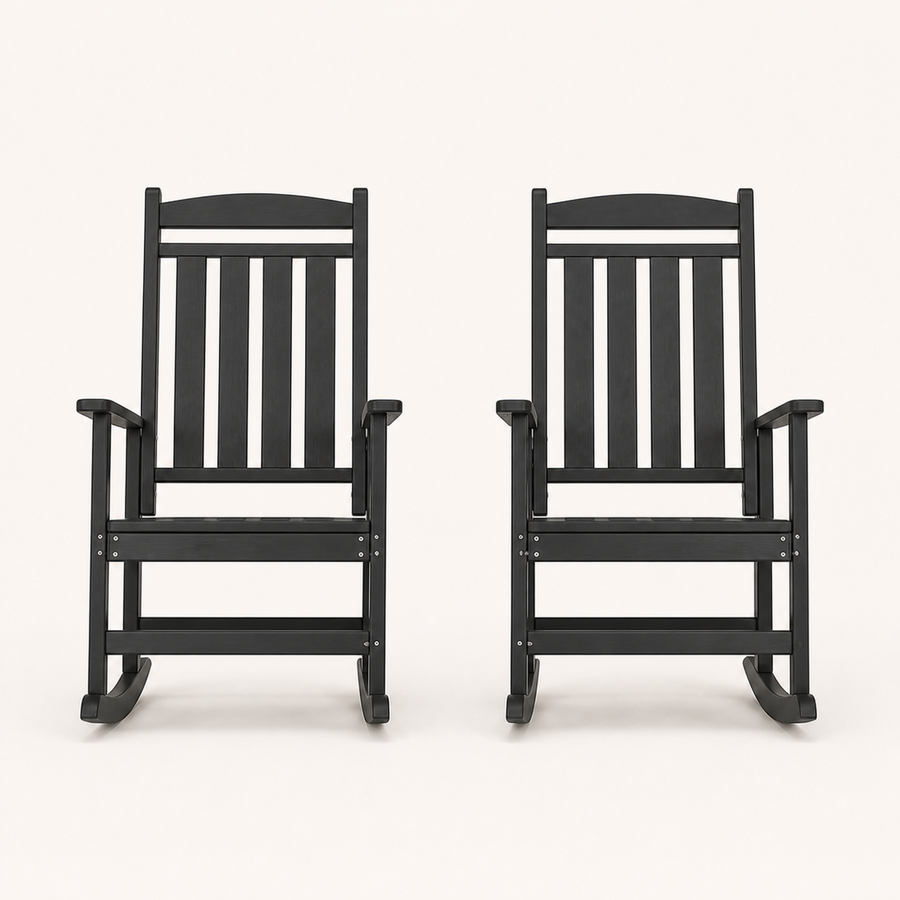 Studio front | Two black rocking chairs with arched five-slat backs and curved runners