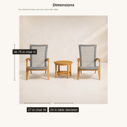Dimensions | each chair 27 inches wide, 36.75 inches deep and 36.75 inches high; table 24 inches across