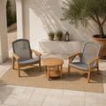 High courtyard angle | complete set of two teak Adirondack chairs and one round side table