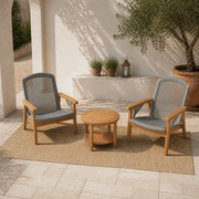 High courtyard angle | complete set of two teak Adirondack chairs and one round side table