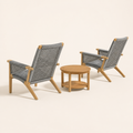 Side profile | backs, gray woven rope, chair depth and separate round teak table with lower shelf