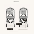 Dimensions | dimension diagram for each black-and-white woven bistro dining chair: 18 in wide, 22 in deep, 35 in high
