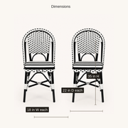 Dimensions | dimension diagram for each black-and-white woven bistro dining chair: 18 in wide, 22 in deep, 35 in high