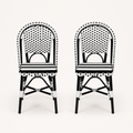 Front | front studio view of two black-and-white woven bistro dining chairs with striped seat cushions