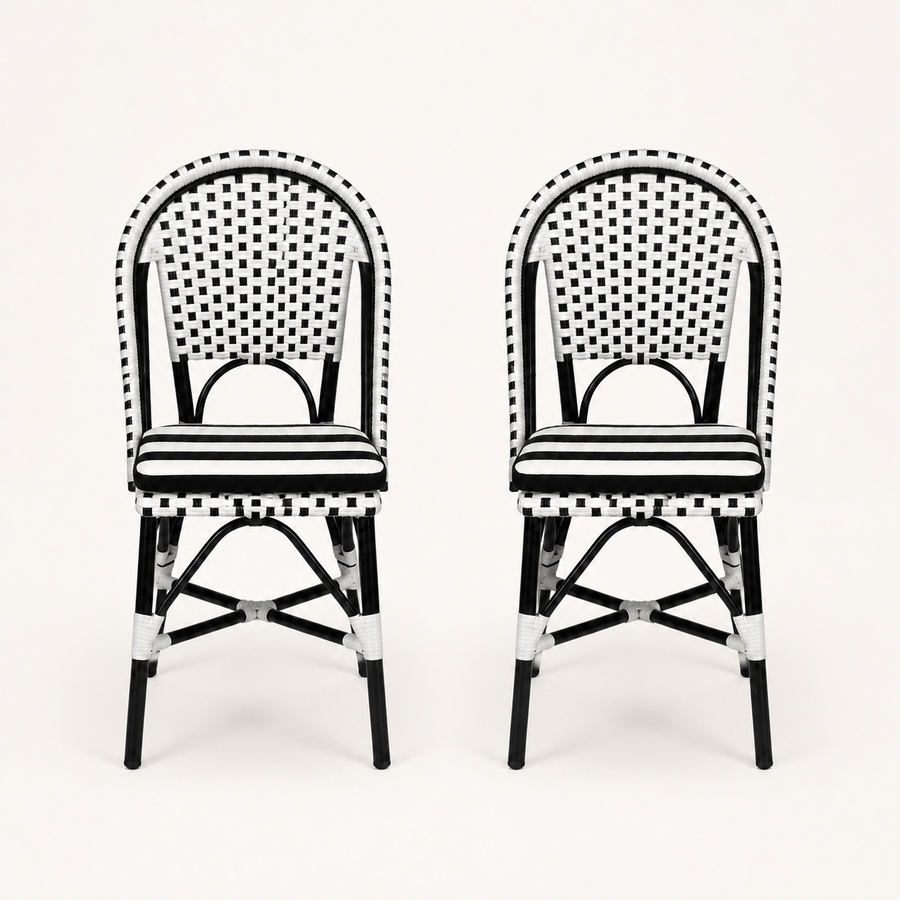 Front | front studio view of two black-and-white woven bistro dining chairs with striped seat cushions