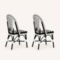 Side | right-side studio view of two black-and-white woven bistro dining chairs