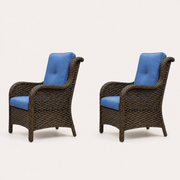 Side | true studio profile of two brown wicker patio chairs with tall backs and blue cushions