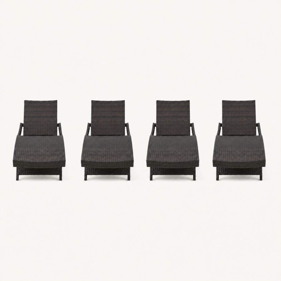 Front | front studio view of four dark brown woven folding chaise lounges