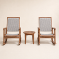 Front | straight studio view of two rocking chairs with gray woven panels and a round side table