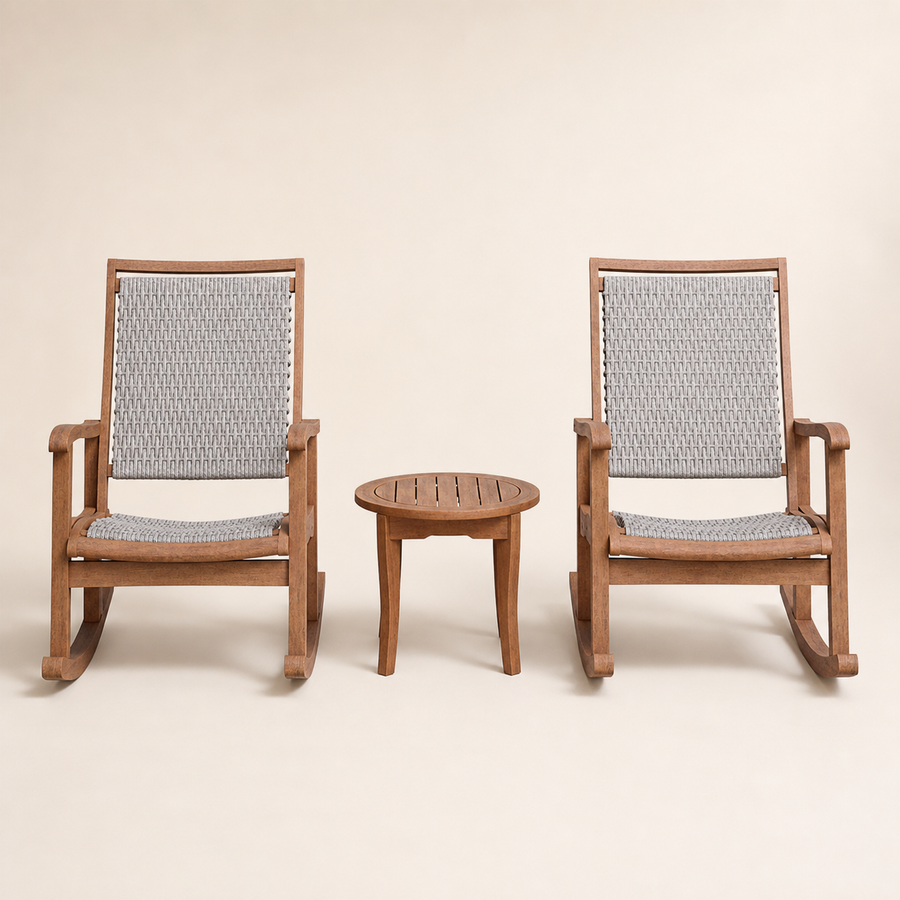 Front | straight studio view of two rocking chairs with gray woven panels and a round side table