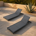 In a room | two gray mesh reclining chaise lounges against a clay garden wall with an agave
