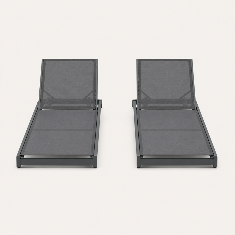 Front | front studio view of two gray mesh reclining chaise lounges with dark charcoal frames