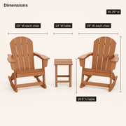 Dimensions | the complete three-piece set with chair width and height plus side-table width and height callouts