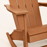Close view | Teak-tone chair arm, rocker join and stainless fasteners