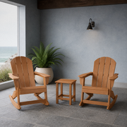Room | the full three-piece Teak-tone set on a cool blue-gray coastal porch beside a window