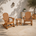 Room | a second angle of two Teak-tone rocking Adirondack chairs and one slatted side table on a limestone terrace
