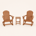 Front | two Teak-tone rocking Adirondack chairs and one slatted side table on clean studio ground