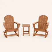 Front | two Teak-tone rocking Adirondack chairs and one slatted side table on clean studio ground