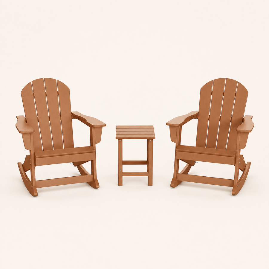 Front | two Teak-tone rocking Adirondack chairs and one slatted side table on clean studio ground