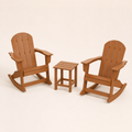 Three-quarter | the full three-piece Teak-tone set on clean studio ground, rocker arcs and table depth visible