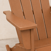 Close view | molded Teak-tone arm and back boards with narrow gaps and rounded edge texture