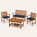 Complete four-piece set with natural acacia loveseat, two navy-cushioned armchairs, and slatted coffee table