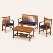 Complete four-piece set with natural acacia loveseat, two navy-cushioned armchairs, and slatted coffee table