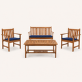 Front | studio front view of natural acacia loveseat, two navy-cushioned armchairs, and slatted coffee table