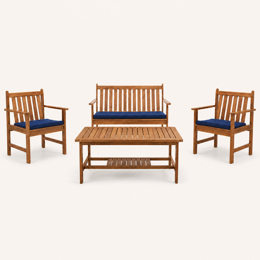 Front | studio front view of natural acacia loveseat, two navy-cushioned armchairs, and slatted coffee table