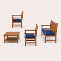Side | studio side view of the natural acacia loveseat, two armchairs, and slatted coffee table