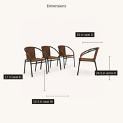 Dimensions detail | four Medium Brown woven-rattan armchairs with seat width, seat depth, seat height, and arm height callouts