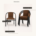 Dimensions | one upright Medium Brown woven-rattan armchair beside a stack of three, with overall width, height, and depth callouts