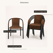 Dimensions | one upright Medium Brown woven-rattan armchair beside a stack of three, with overall width, height, and depth callouts