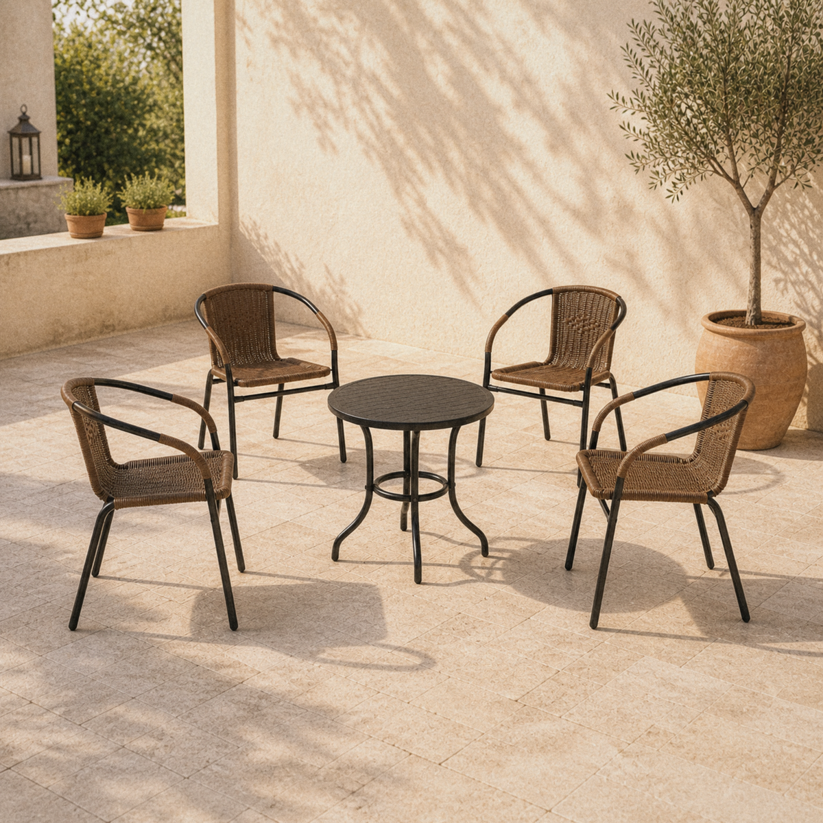 Terrace | four Medium Brown woven-rattan stacking armchairs around a black round cafe table on pale stone, olive tree at right
