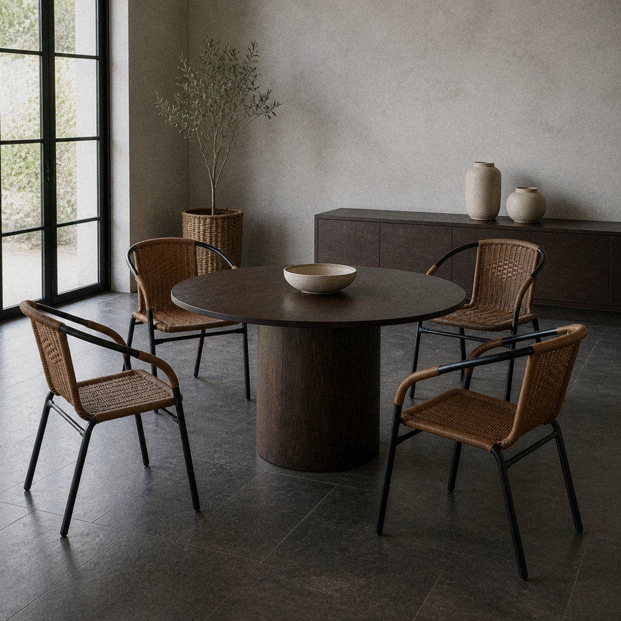 Cool limewash room | four Medium Brown woven-rattan armchairs around a dark round table, black-framed doors at left