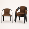 Studio front | Medium Brown woven-rattan armchair beside a stack of three, black tubular frame and wrapped arm rails