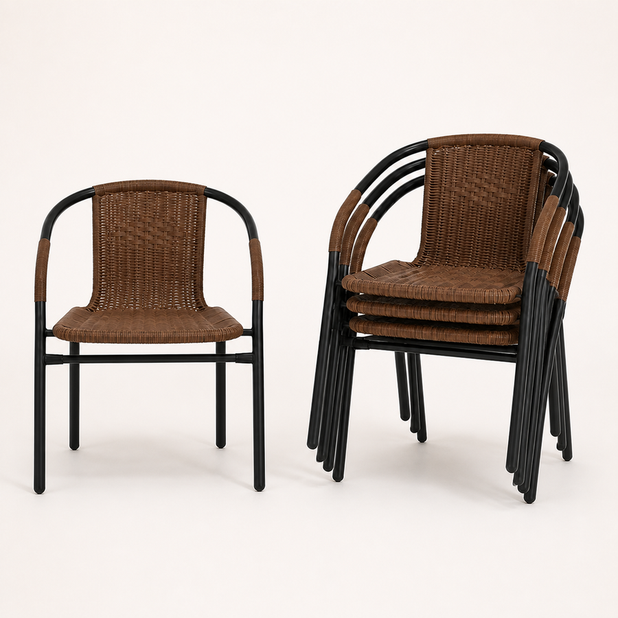Studio front | Medium Brown woven-rattan armchair beside a stack of three, black tubular frame and wrapped arm rails