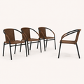 Studio side | one Medium Brown woven-rattan armchair in profile beside a stack of three, open side and black cross brace visible