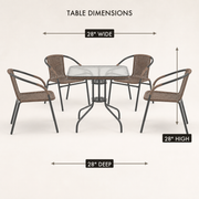 Dimensions | table dimensions diagram showing 28-inch width, depth, and height with the full set