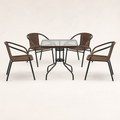 Front | front studio view of one square rippled-glass table and four dark-brown woven armchairs