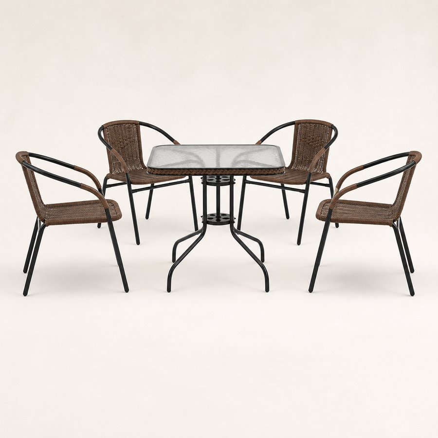 Front | front studio view of one square rippled-glass table and four dark-brown woven armchairs