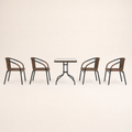 Side | side studio profile of the glass-top table and four matching woven armchairs