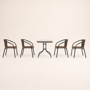 Side | side studio profile of the glass-top table and four matching woven armchairs
