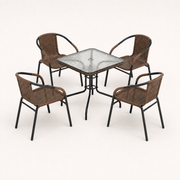 Studio | three-quarter studio view of the glass-top table and four matching woven armchairs