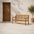 In scale | natural acacia garden bench beside a full-height wood exterior doorway