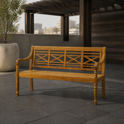 Rooftop terrace | natural acacia garden bench under a dark cedar pergola