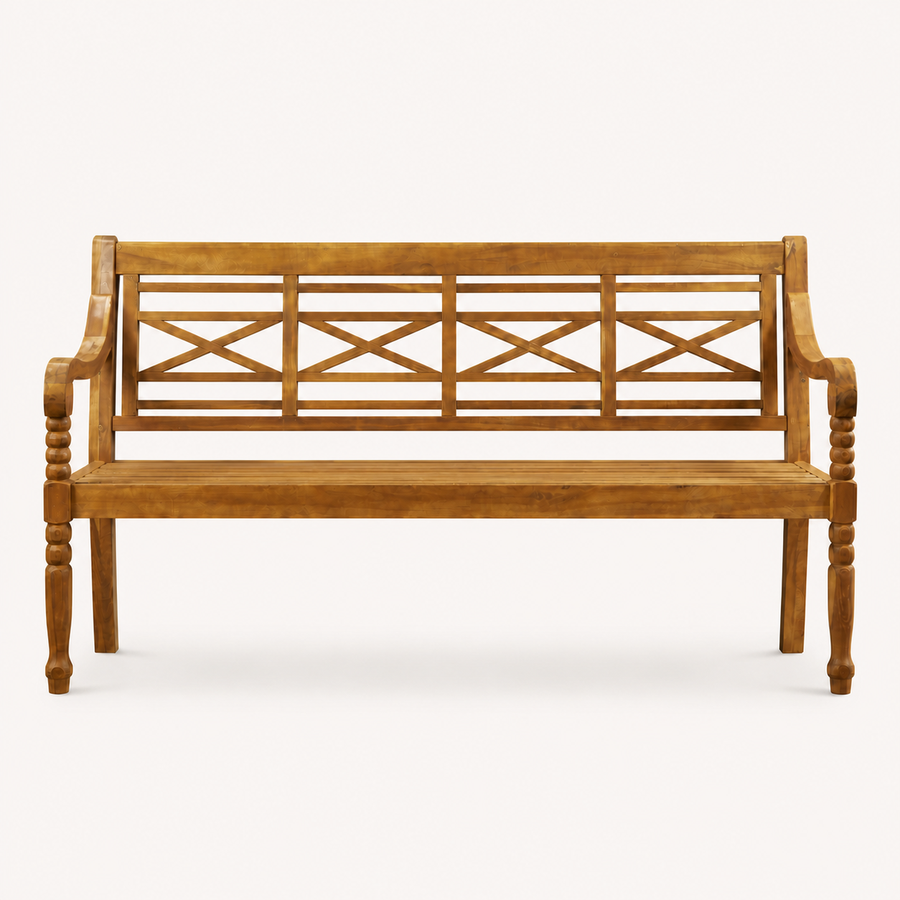 Front studio | natural acacia garden bench shown straight on against a warm white backdrop